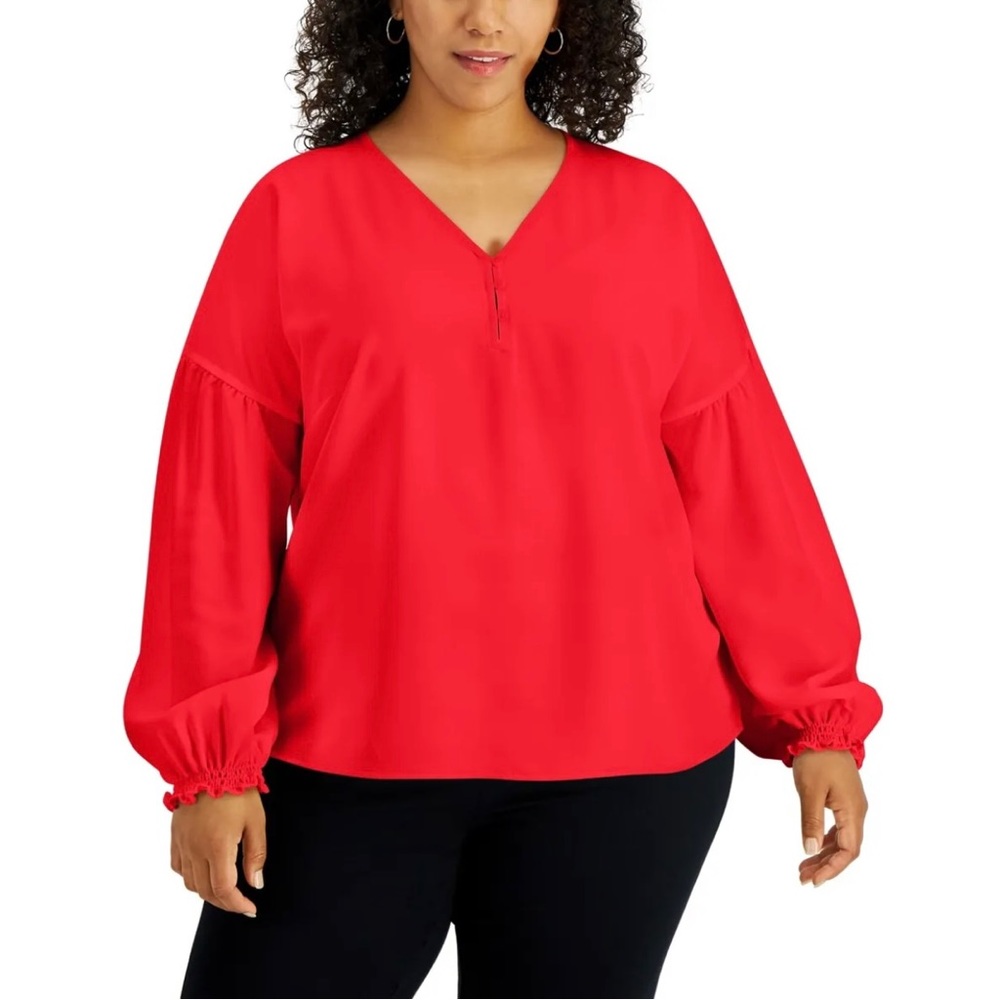 Alfani Women’s Plus Size Puff-Sleeve Blouse Red Size 1X long sleeve V-Neck Top